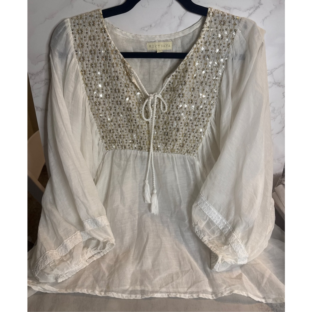 Women's Ruthyava Off-White Gold Sequin Bohemian Blouse